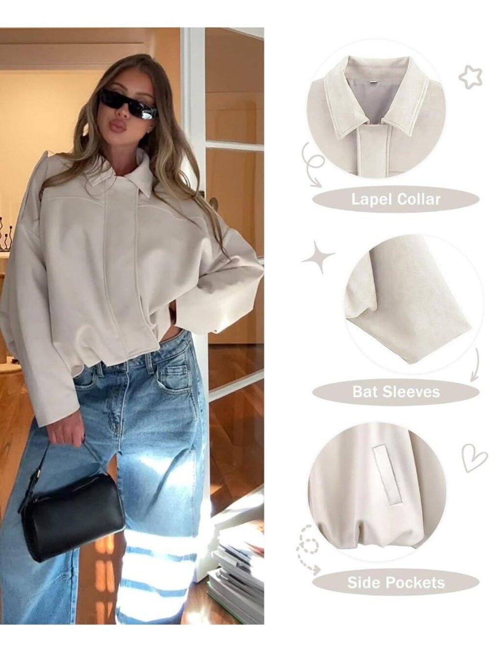Women's Beige Faux Suede Oversized Collar Cropped Batwing Sleeves Bomber Jacket - Picture 3 of 5